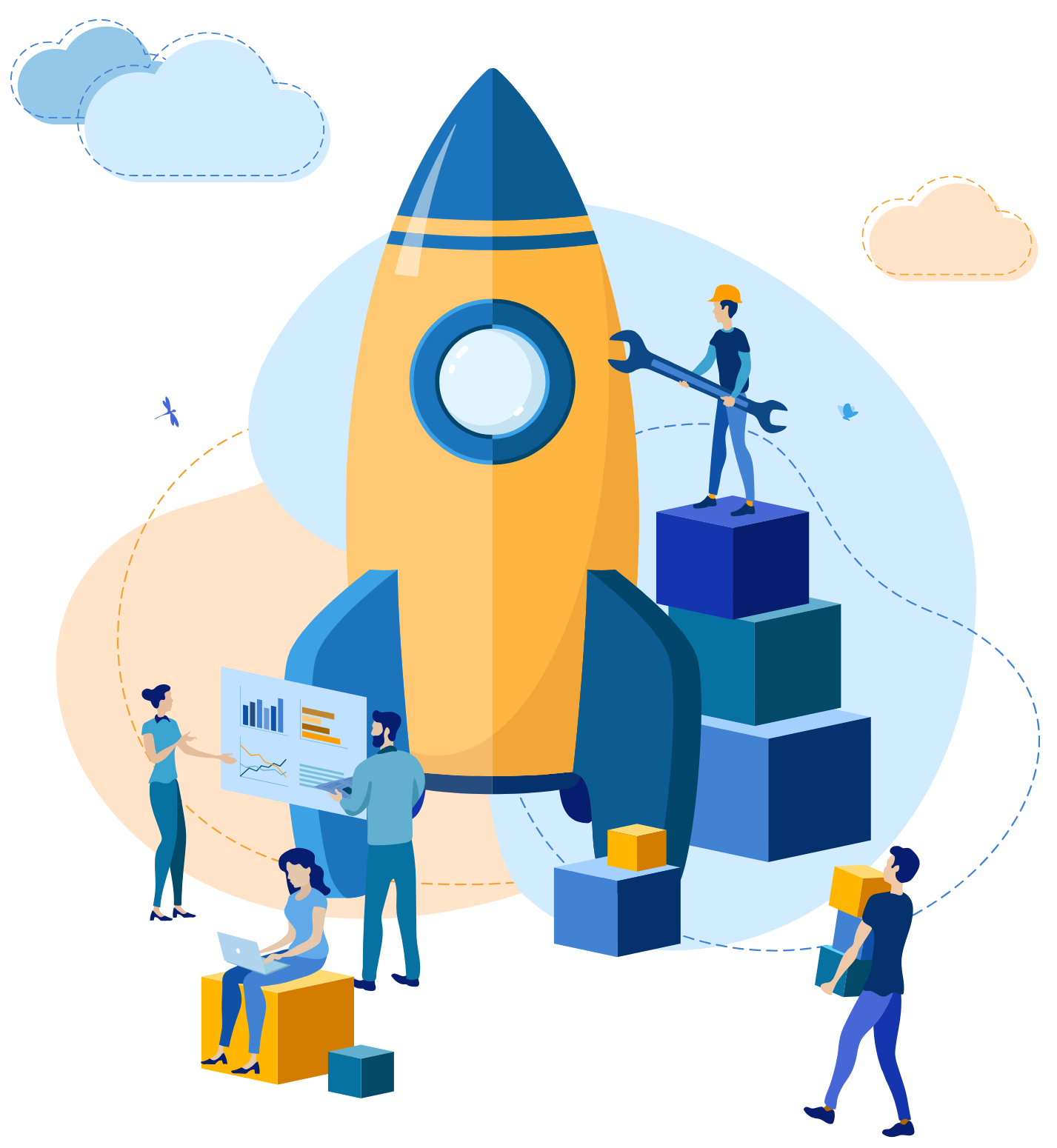 A team of marketers working together on a project, getting ready to launch