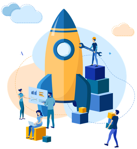 A team of marketers working together on a project, getting ready to launch