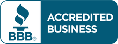 BBB Accredited Business badge, with logo and white text on teal background.