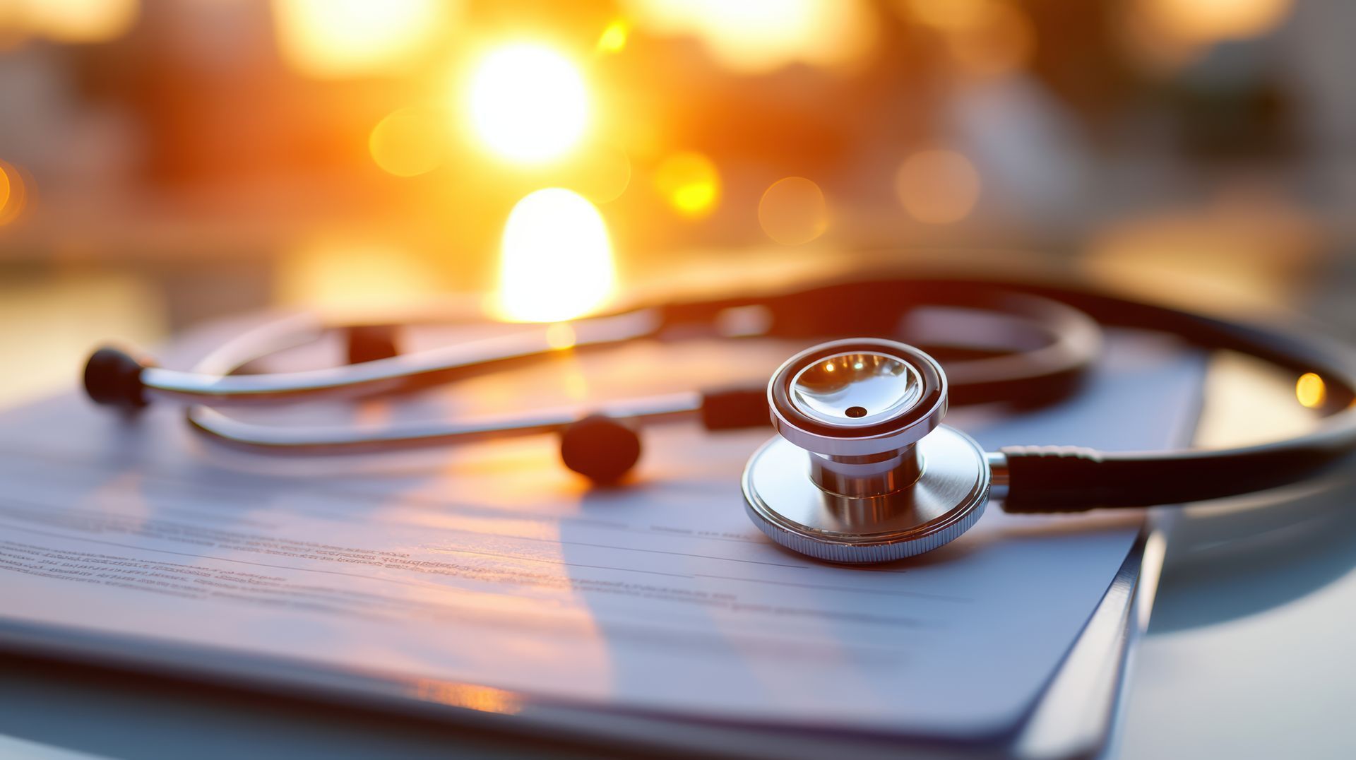 Golden light illuminates a stethoscope resting beside a document, focus on healing in the field. Golden light illuminates a stethoscope resting beside a document, focus on healing in the field.