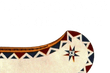 Canoe prow with geometric patterns in blue, red, and white. A star design is in the center.