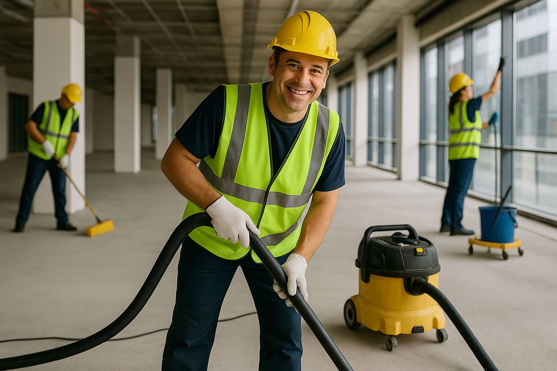 Construction workers cleaning a building interior.