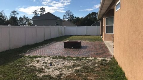 There is a fire pit in the backyard of a house.