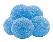 Two intertwined sugar-coated candies, one yellow and one purple, on a white background