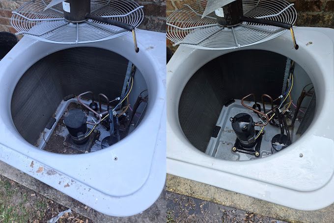 A before and after picture of an air conditioner being cleaned.