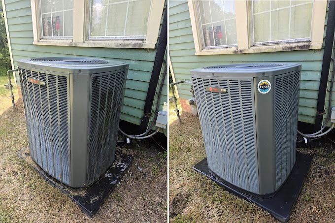 Two pictures of an air conditioner sitting outside of a house.
