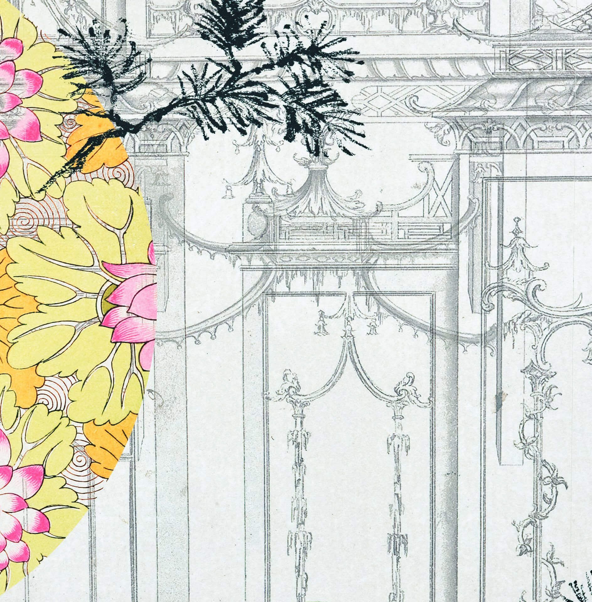 Un dessin d'un bâtiment avec des fleurs dessus