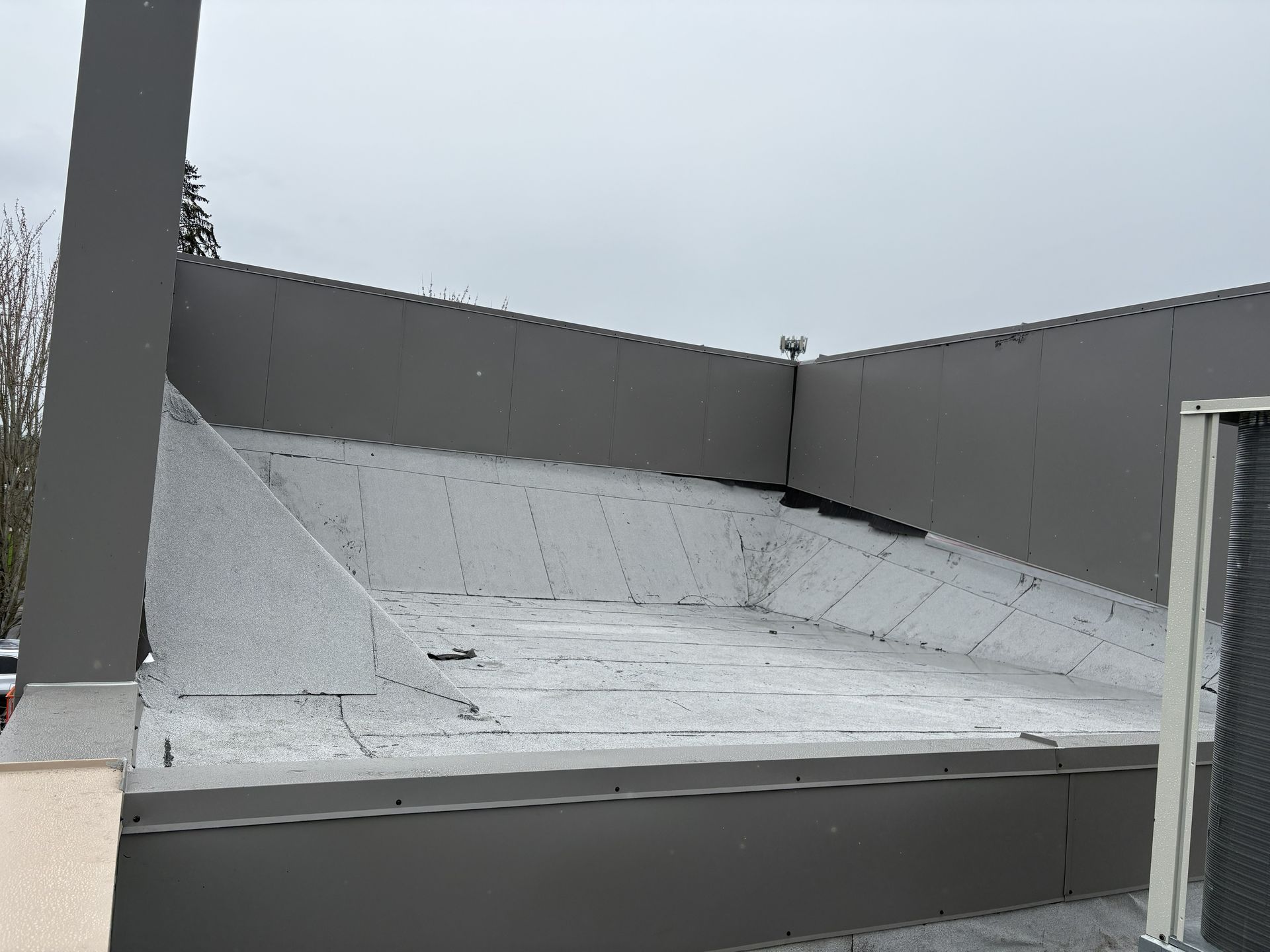 Gray commercial flat roof with metal trim and overcast sky.