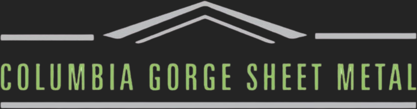 Columbia Gorge Sheet Metal logo with a mountain peak design and green text on a dark background.