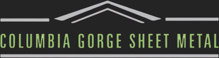 Columbia Gorge Sheet Metal logo with a mountain peak design and green text on a dark background.