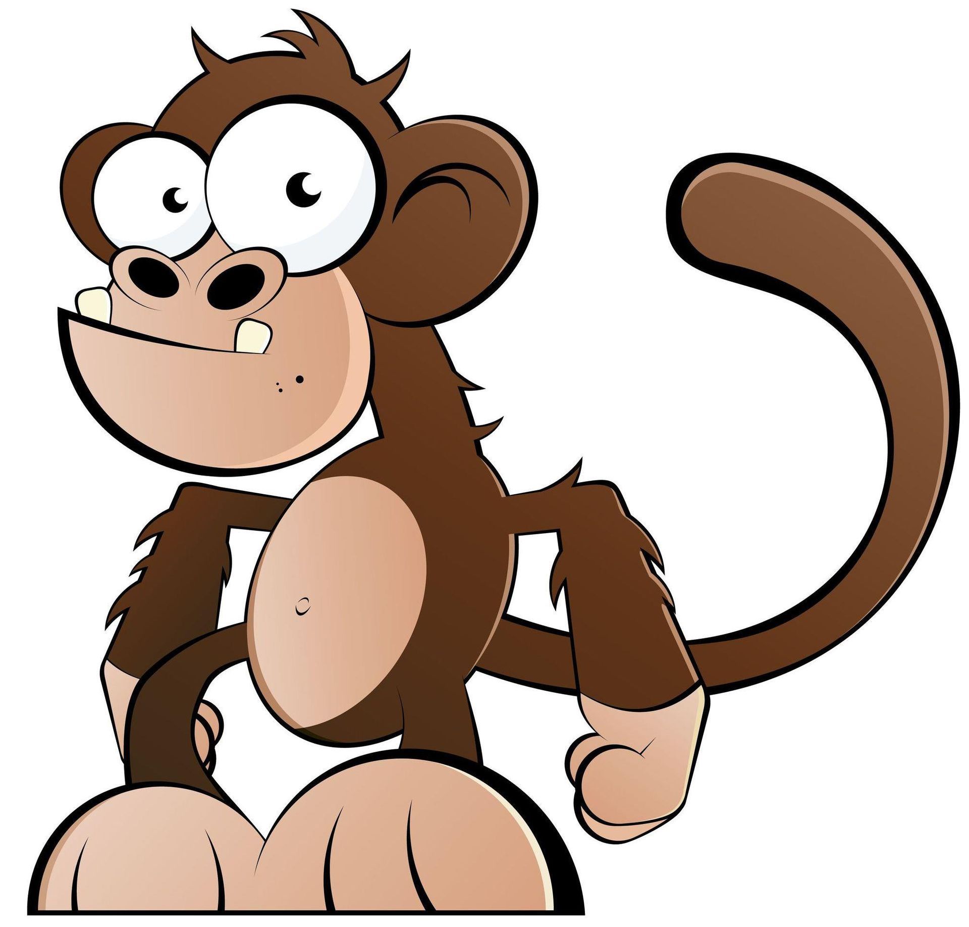 Cartoon monkey with big eyes and a smile, brown fur, standing upright, and tail curled.