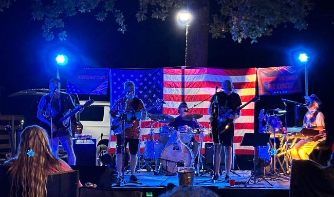 An outdoor restaurant patio at dusk. People sit at picnic tables under umbrellas strung with lights, near a large tree and a wooden fence.