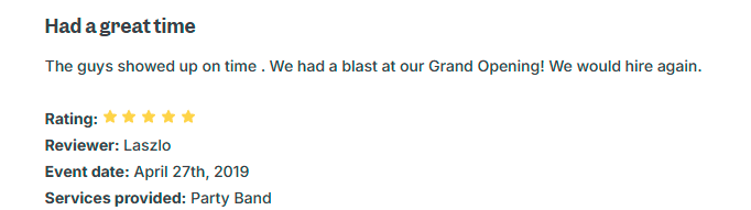 Review of a Party Band: Five stars, reviewer Laszlo says 