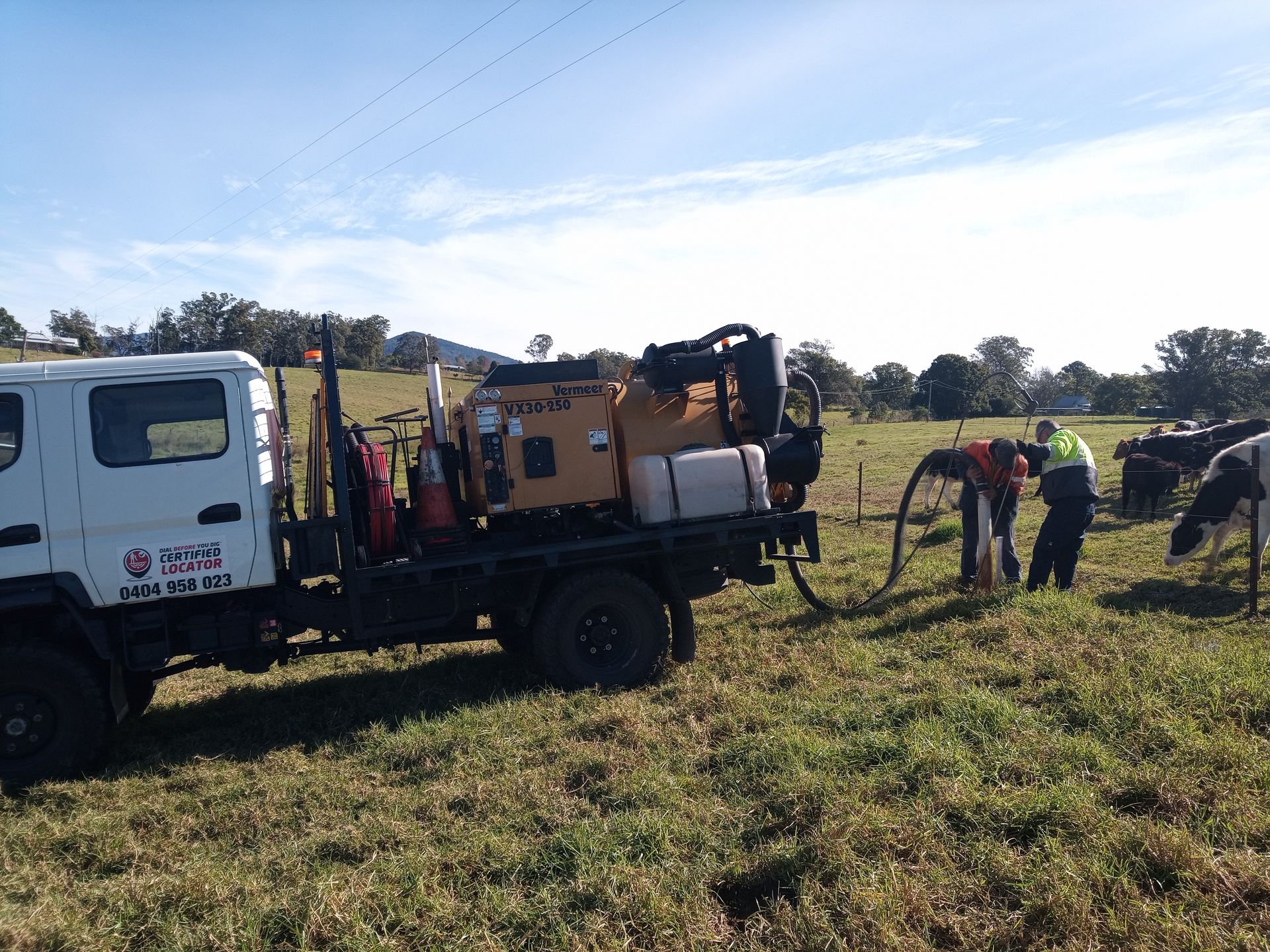 A truck is parked in a grassy field next to a cow.— Midcoast Irrigation & Horticultural Supplies In Wauchope, NSW