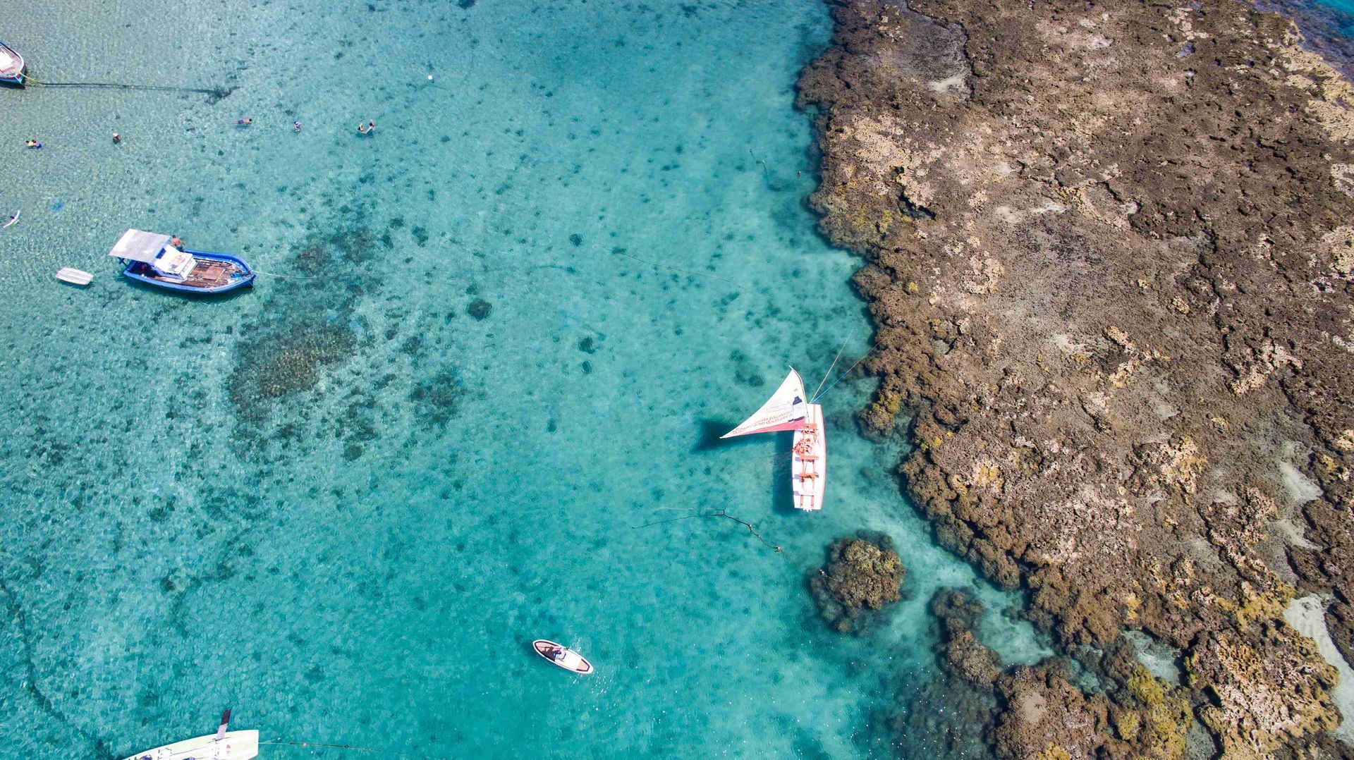 Vista aérea de drone mostrando uma jangada em mar de águas transparentes e turquesas ao lado das bancadas de corais em Porto de Galinhas