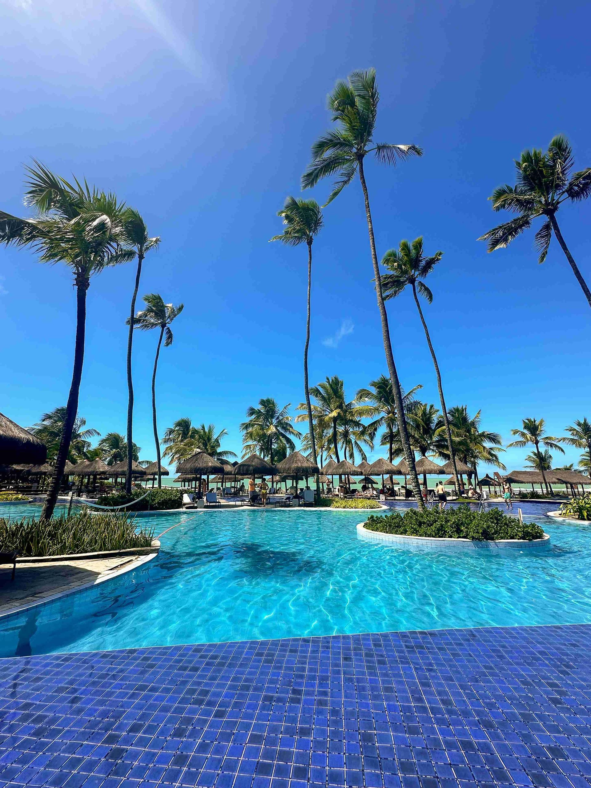 Piscina principal com águas cristalinas rodeada por coqueiros altos e quiosques de palha no Enotel Porto de Galinhas.