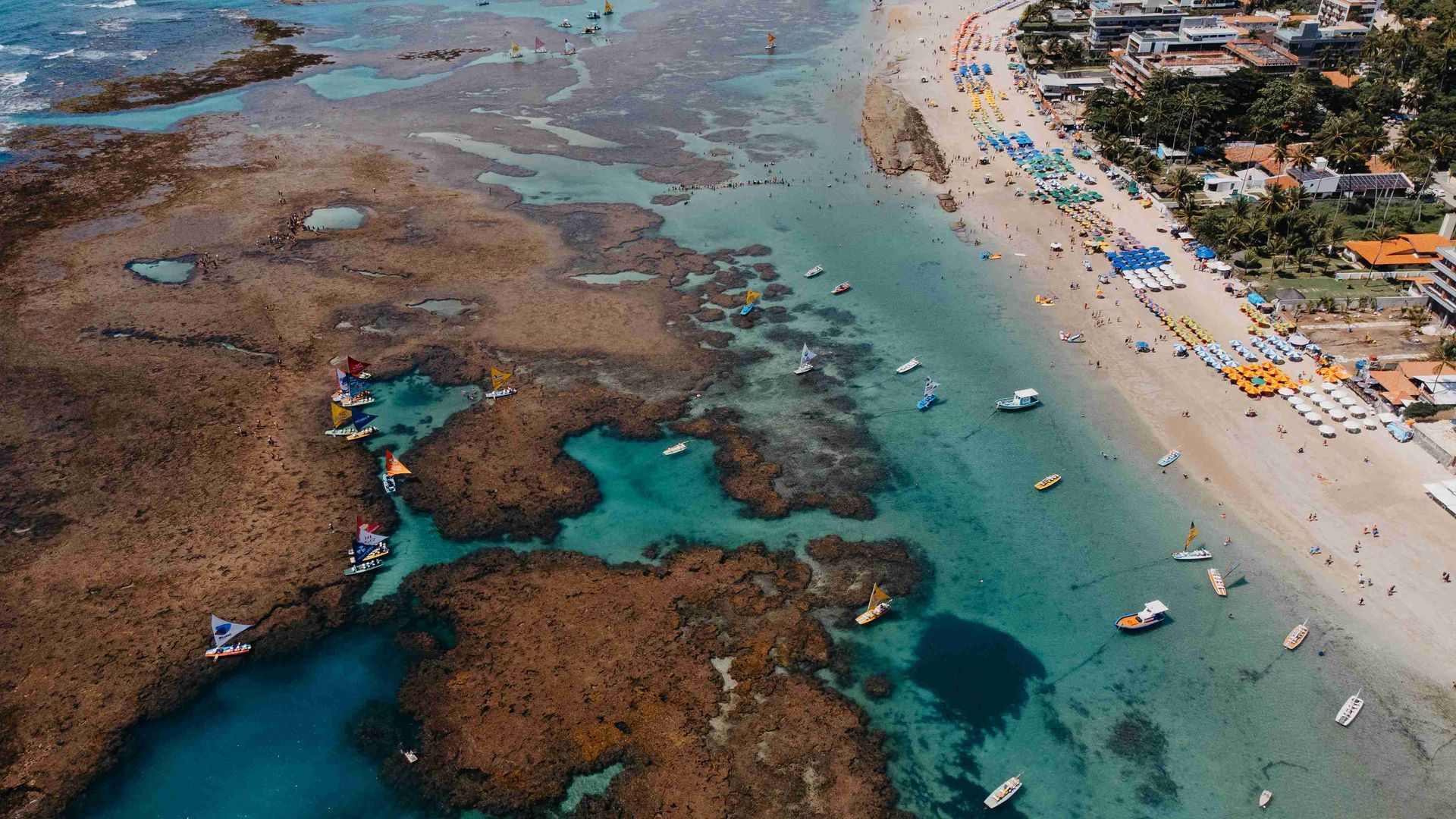 Vista aérea panorâmica de drone das piscinas naturais e recifes de corais em Porto de Galinhas, com jangadas coloridas na água transparente