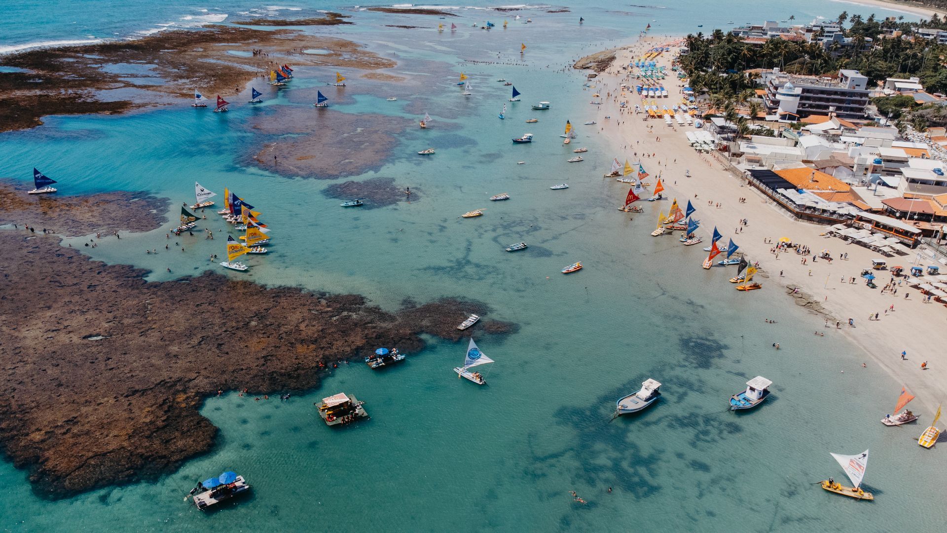 Vista aérea da orla de Porto de Galinhas com dezenas de jangadas coloridas navegando em águas turquesas e rasas próximas à areia e aos recifes.