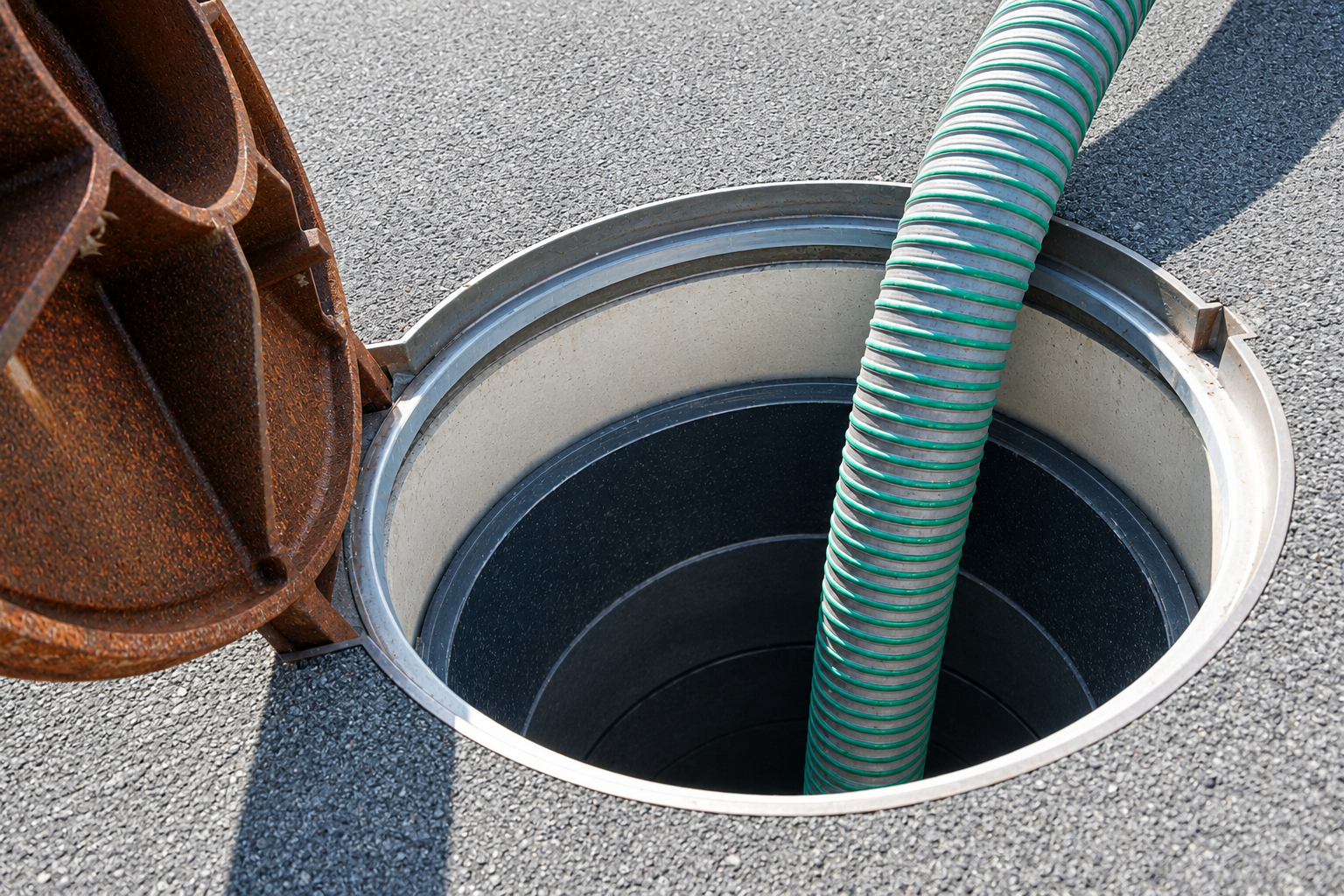 Roof vent opening with a green hose inserted, next to a brown vent cap on gravel roofing.