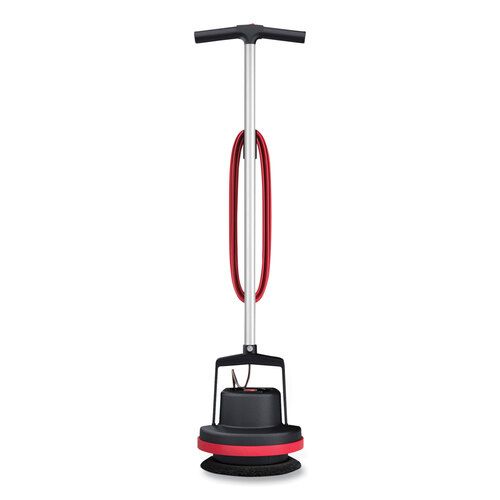 A red and black floor polisher with a handle on a white background.