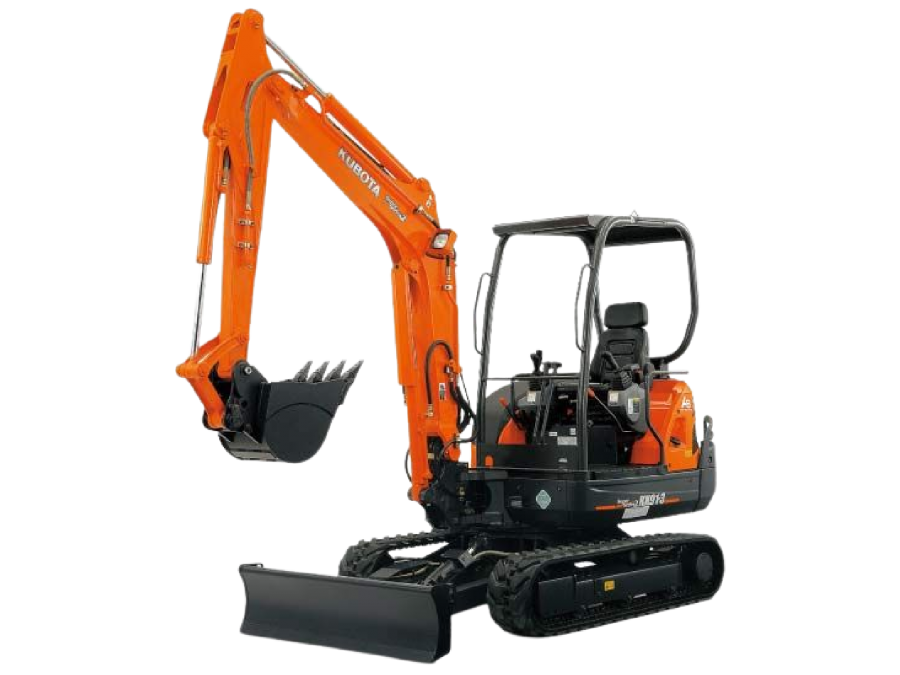 A small orange excavator with a black bucket on a white background.