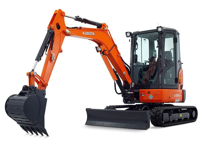 A small orange excavator with a black bucket on a white background.