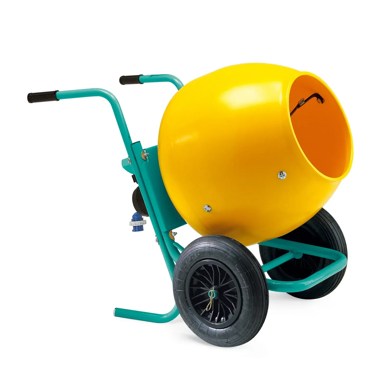 A yellow concrete mixer on a cart with black wheels