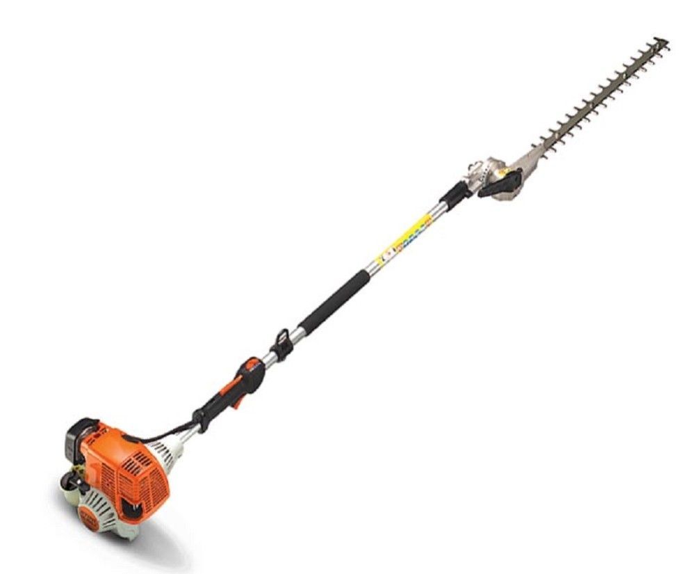 A long orange and black hedge trimmer on a white background.