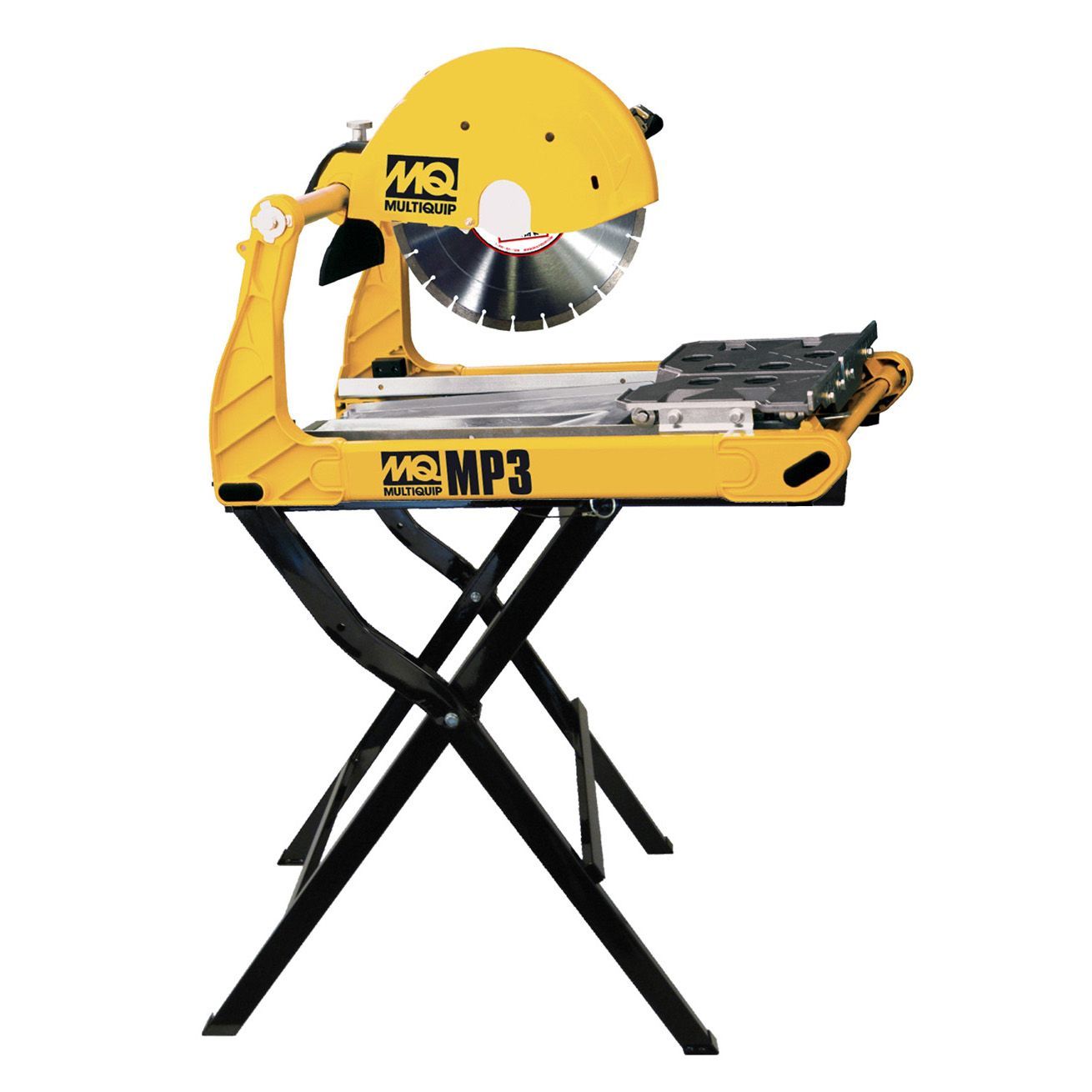 A yellow and black mp3 circular saw on a stand