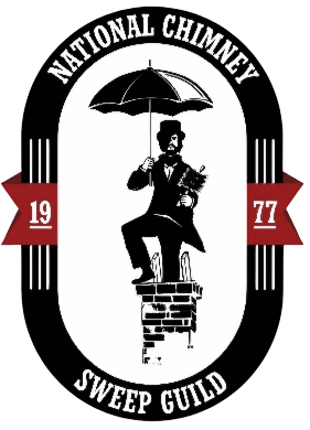 National Chimney Sweep Guild logo: chimney sweep with umbrella, top hat, on chimney, framed by text and dates.