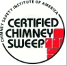 Certified Chimney Sweep logo: black text on a white circle, red bricks, and the Chimney Safety Institute of America.