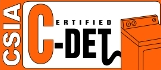 Orange and black CSIA C-DET Certified logo with an illustration of a washing machine.