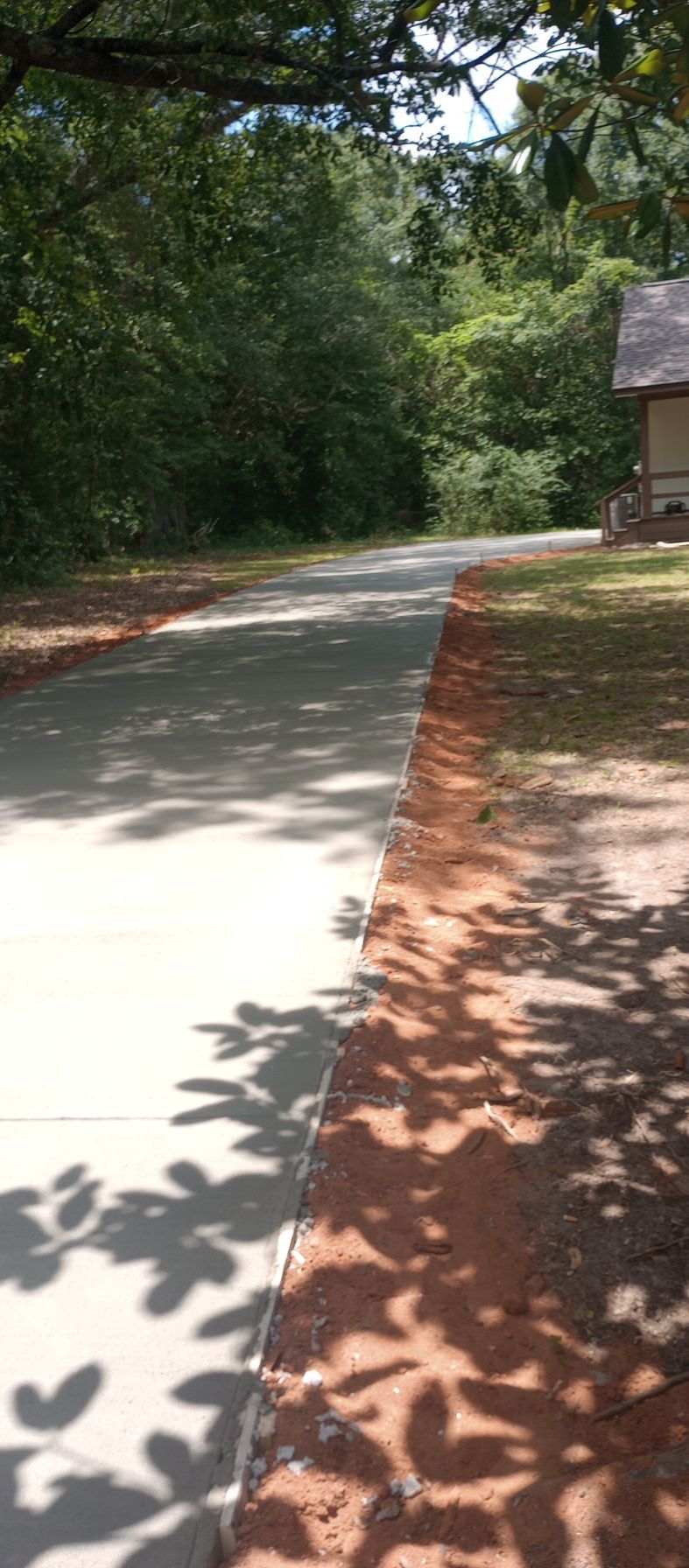 Paved path through a wooded area with tree shadows.