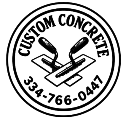 Logo for "Custom Concrete" with crossed trowels and phone number 334-766-0447.