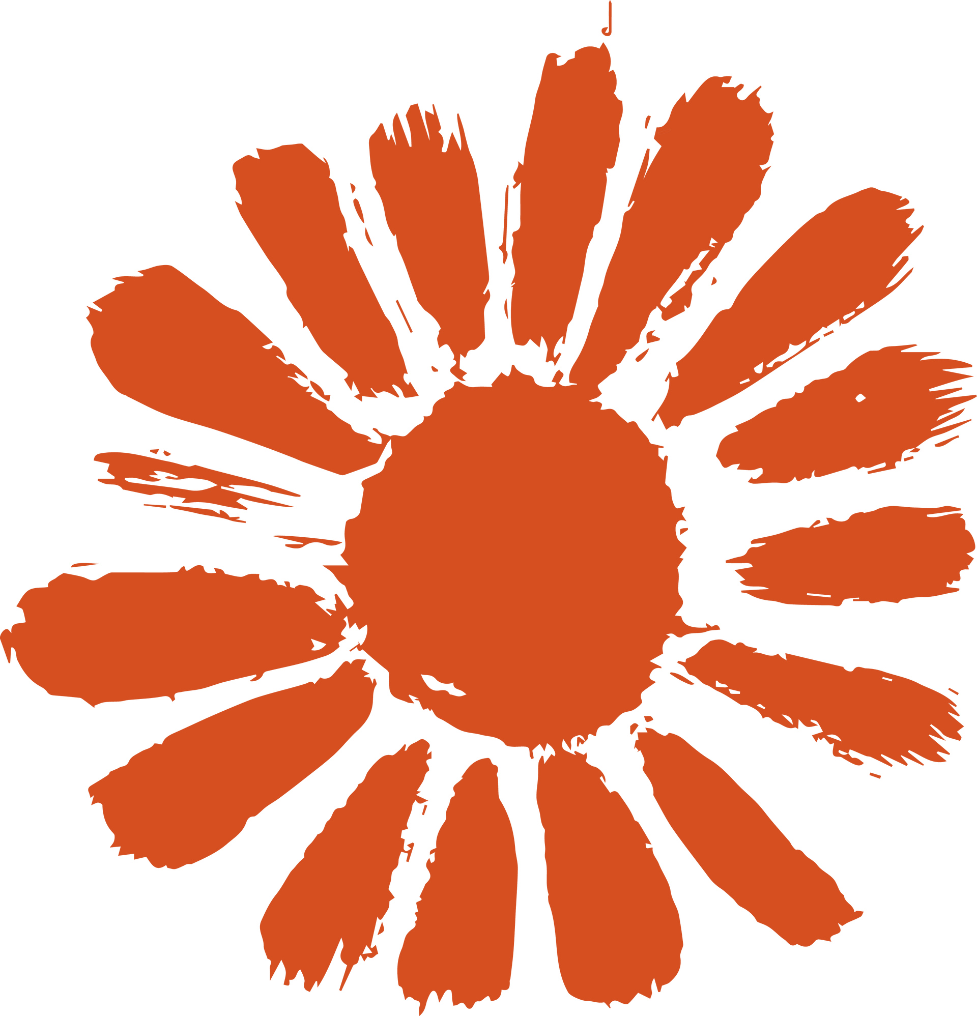 Sol laranja com raios em estilo pincelada sobre fundo branco.