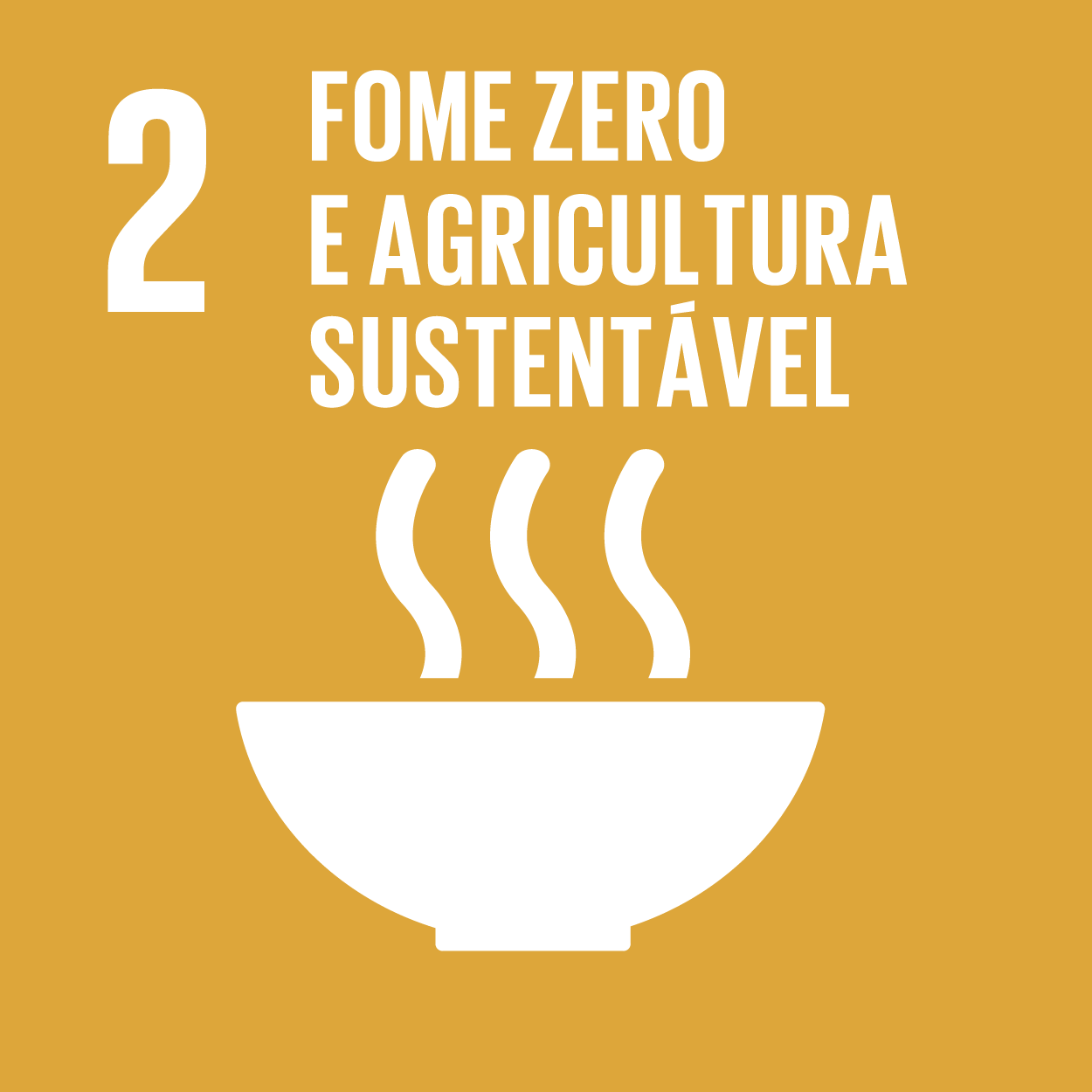ODS 2: Fome Zero, Agricultura Sustentável, com uma tigela branca de comida e vapor em um fundo amarelo.