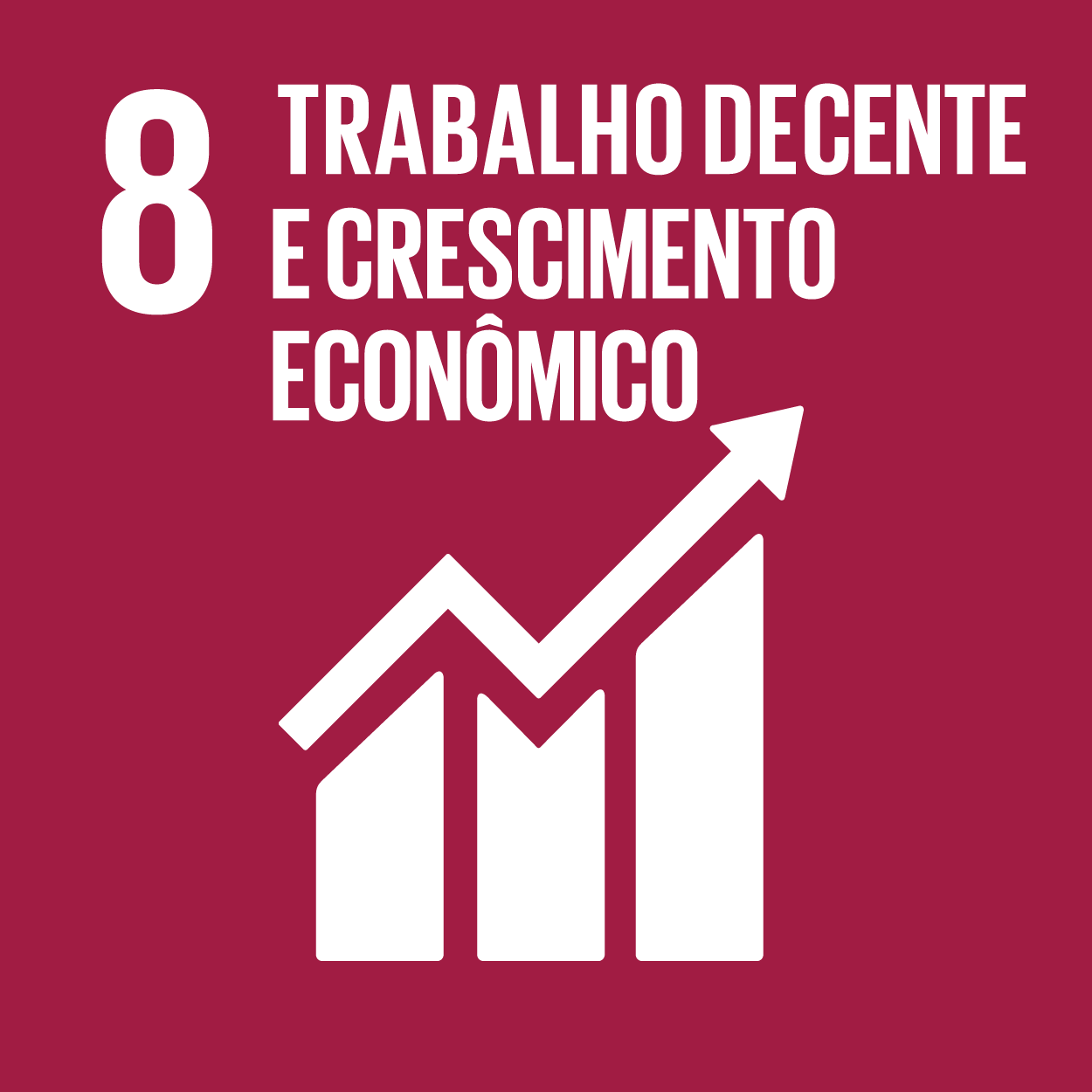 Objetivo 8: Trabalho Decente e Crescimento Econômico, texto branco e gráfico sobre fundo bordô.