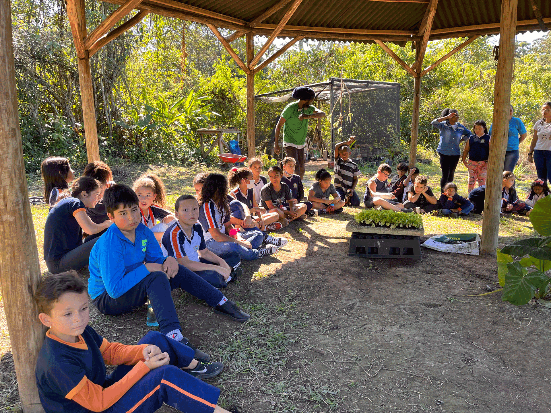 Crianças em uma sala de aula de jardim ouvindo um instrutor, com plantas em exposição.