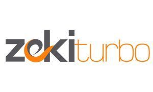 El logotipo de Zeki Turbo es naranja y gris sobre un fondo blanco.