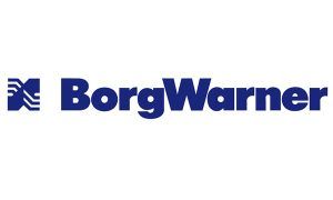 El logotipo de Borgwarner es azul y blanco sobre un fondo blanco.