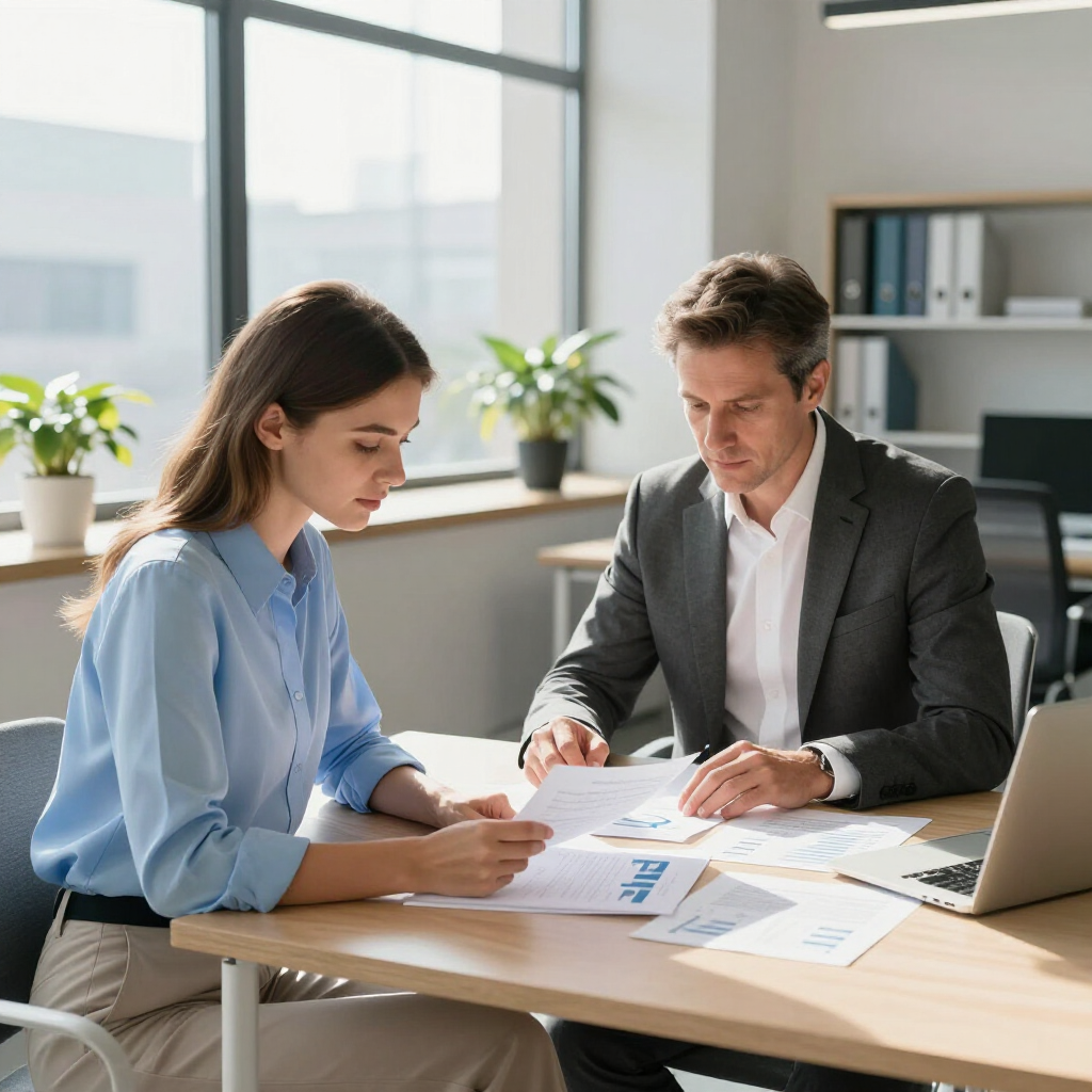 Woman and man reviewing documents at a desk in an office setting with a laptop and plants.