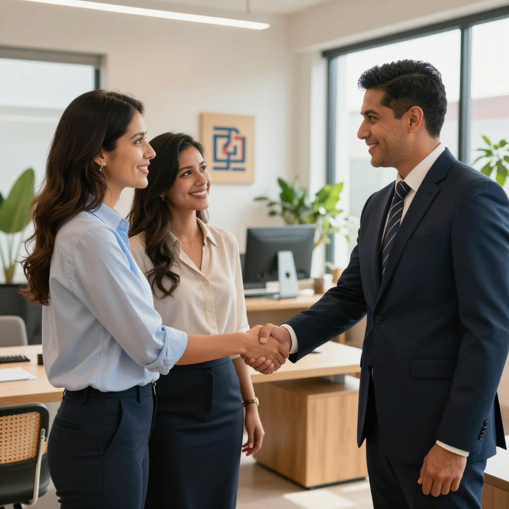 Man in suit shakes hands with a woman in an office, another woman smiles nearby.