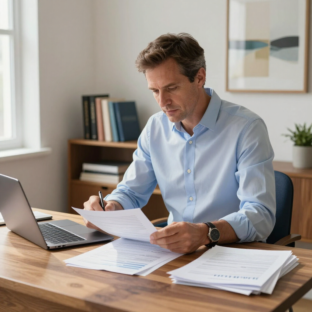 Man in blue shirt reviews documents at a desk with a laptop and pen.