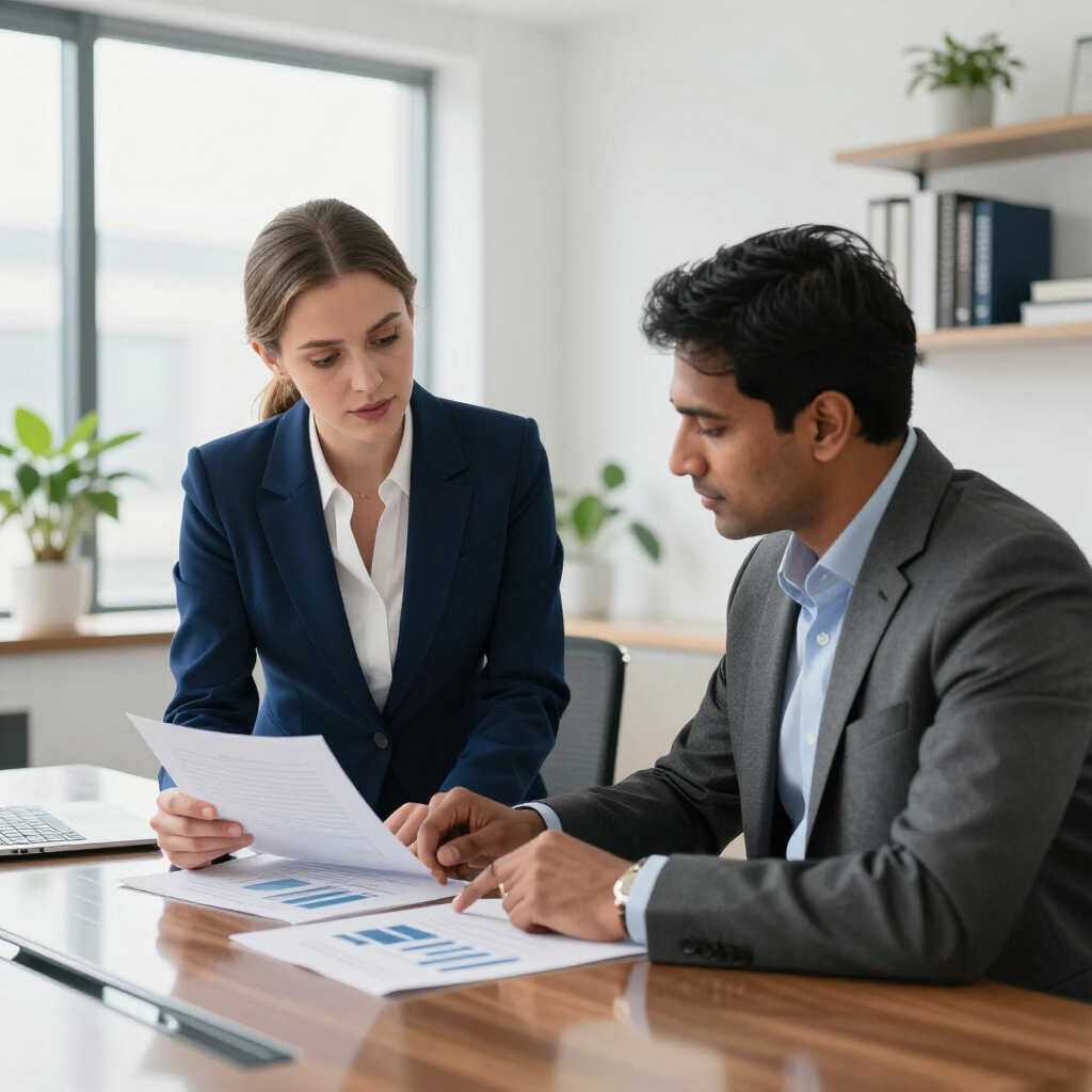 Businesspeople review documents; woman in blue suit points.