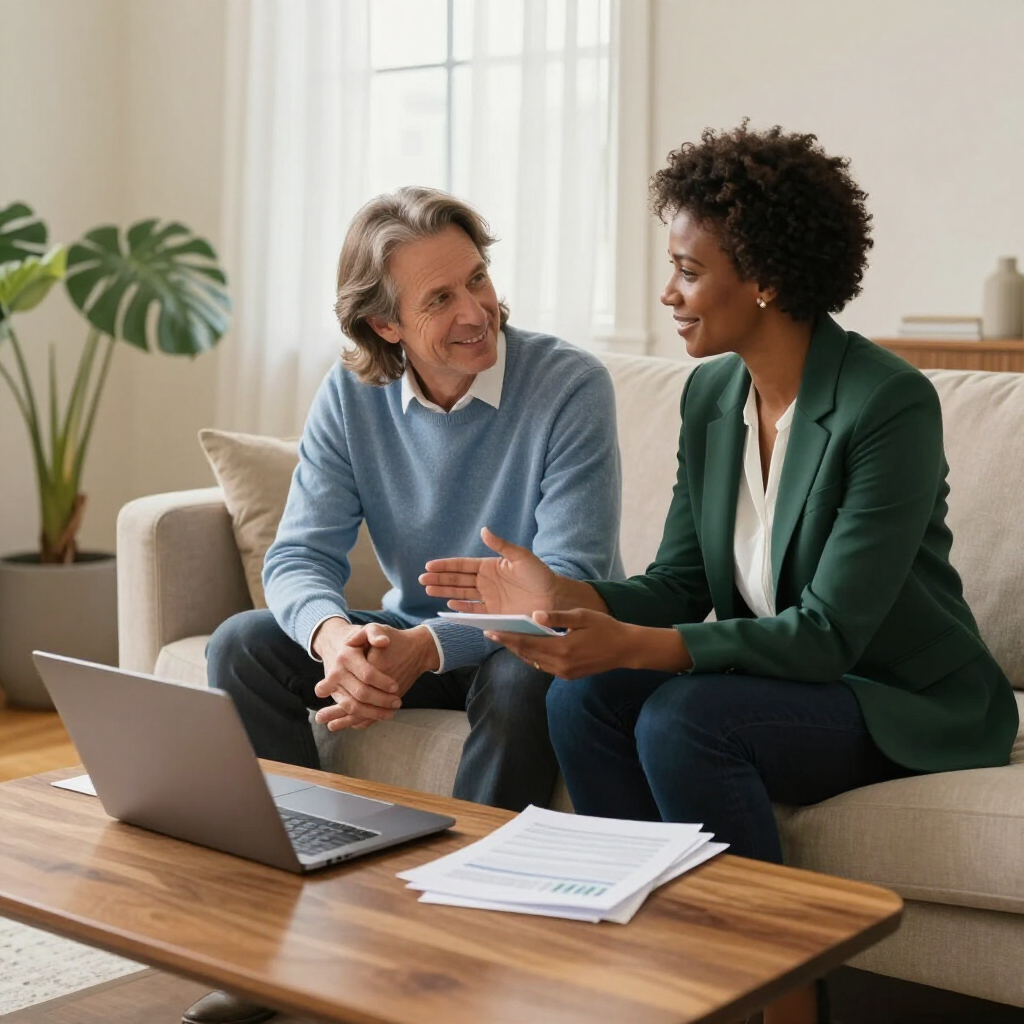 Woman in green jacket and man in blue sweater on couch, reviewing documents. Laptop on table.