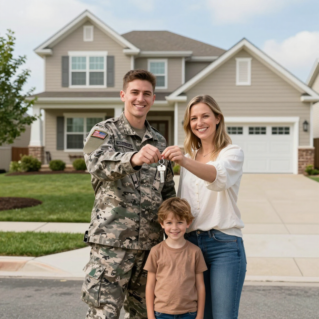 Family holding keys in front of a new home; soldier in uniform smiles.