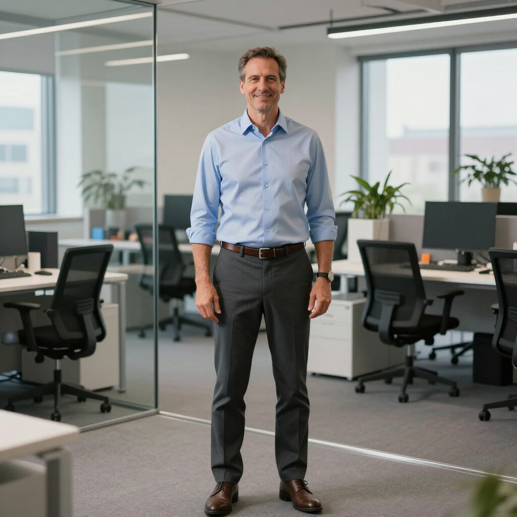 Man in blue shirt and gray pants smiles, standing in modern office.