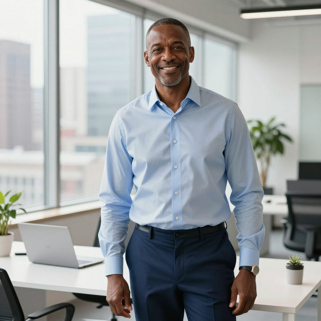 Man in blue shirt and pants smiles in modern office, leaning on desk with laptop.