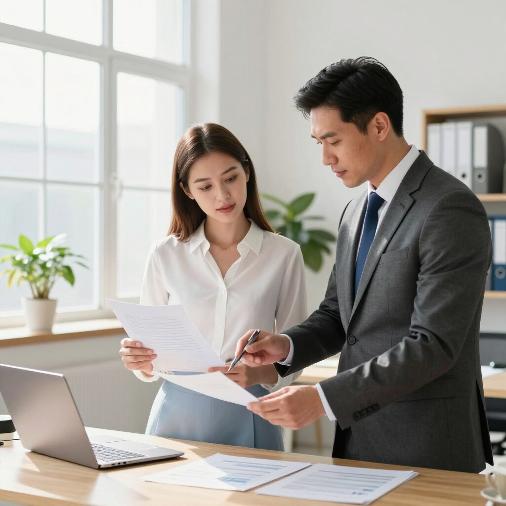 Man in suit points to documents, woman looks on in office.