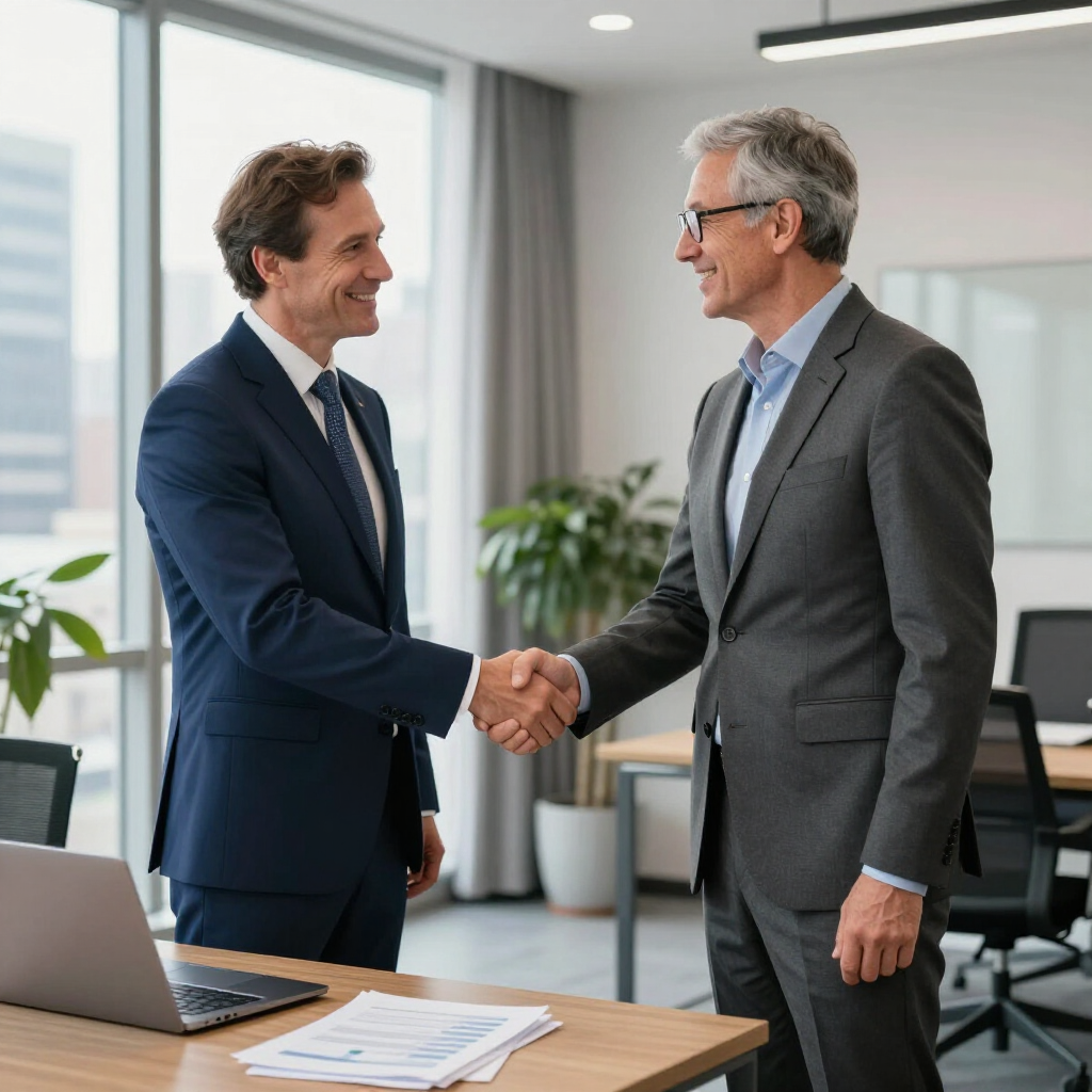 Two men in suits shaking hands in an office, smiling.